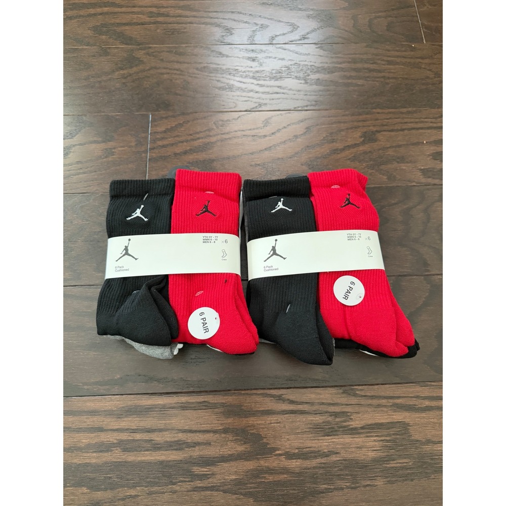 Jordan Jumpman Crew Socks 6 Pack Cushioned Black Red White Grey BJ0583-H24 M